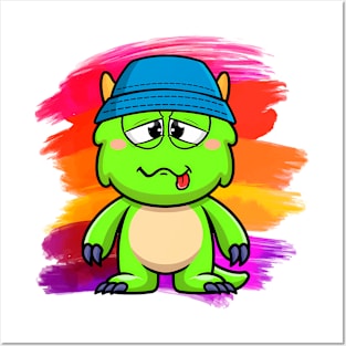 Green Baby Monster with tongue and blue panama hat Posters and Art